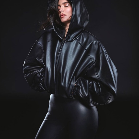 khy☆Faux Leather Cropped Hooded Jacket☆フード ジャケット Faux Leather Cropped Hooded Jacket | Chalk – Khy